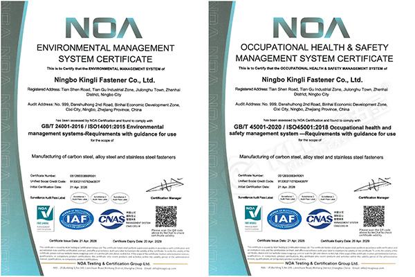Dual Certification, Green Leadership | Ningbo Kingli Fastener Successfully Achieves ISO14001 & ISO45001 Dual Certification